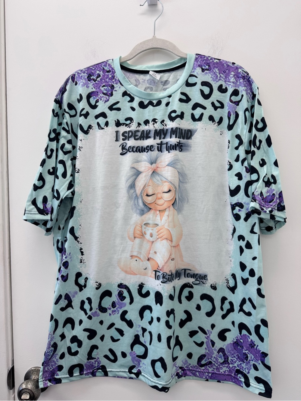 Plus Size Mint Leopard Short Sleeve Graphic Tee with Purple Accents - Picture 2 of 5